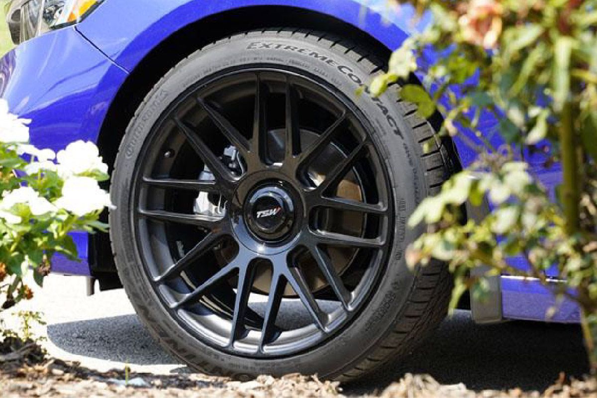Black car wheel on blue vehicle, Continental tire, set in a garden with plants.